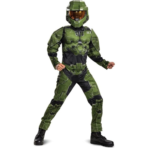 NWT Halo Infinite Master Chief Padded Muscle Light Up Mask & Video Game Jumpsuit - Picture 1 of 16